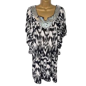 Vintage Y2K Peppermint Bay Ikat Tunic Sequin Neck Split Sides Black White 3X